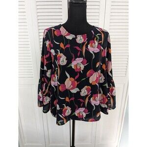 W5 Blouse Women’s Sz L Flowy Lightweight Artsy 3/4 Bell Sleeve Navy Pink Floral